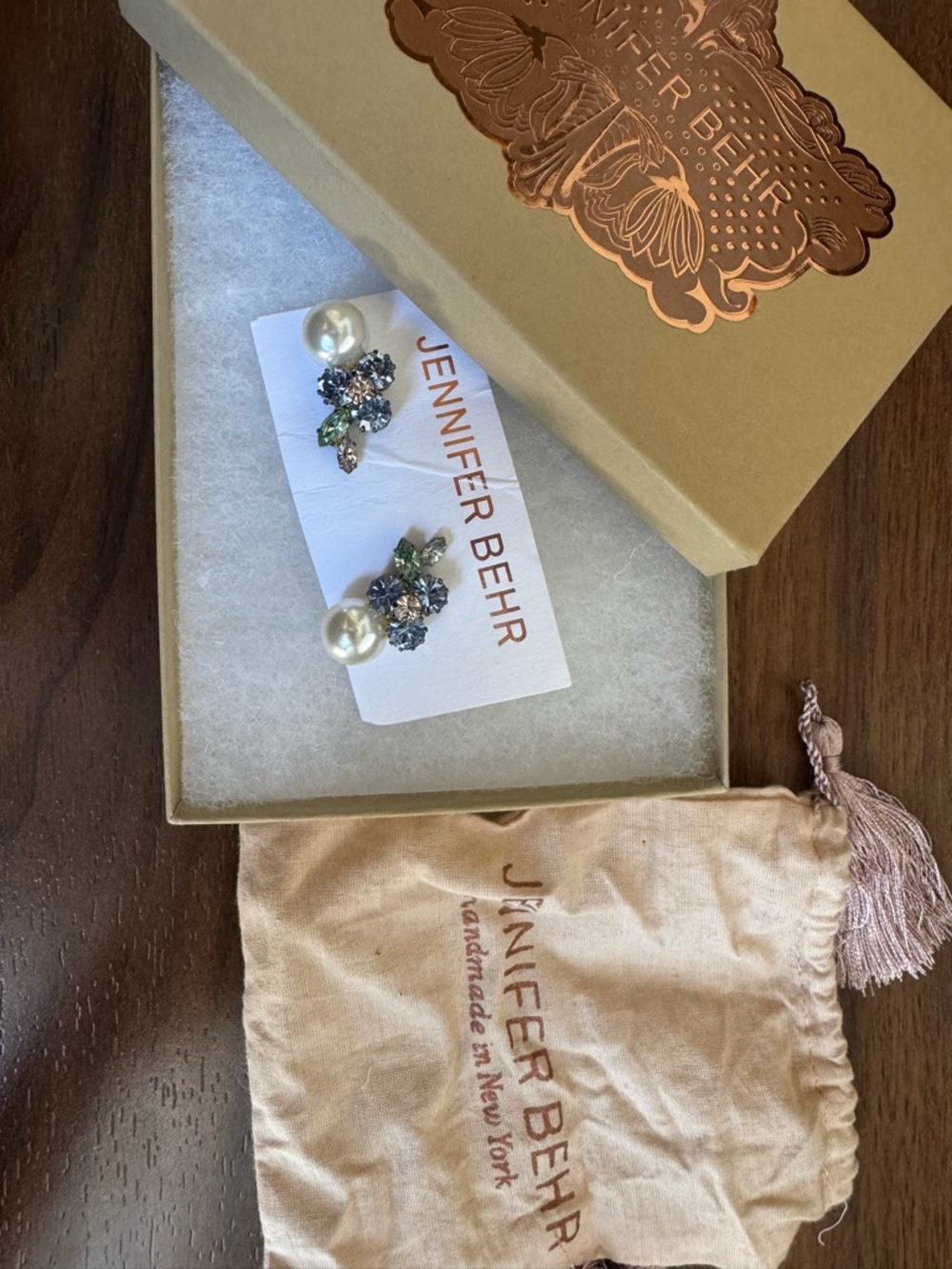 Jennifer Behr Blue, Green and Pearl Crystal Cluster Earrings - Picture 10 of 10